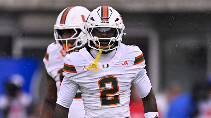 Nov 1, 2025; Dallas, Texas, USA;  Miami Hurricanes defensive back Damari Brown (2) celebrates during the game between the Mustangs and the Hurricanes at Gerald J. Ford Stadium. Mandatory Credit: Jerome Miron-Imagn Images