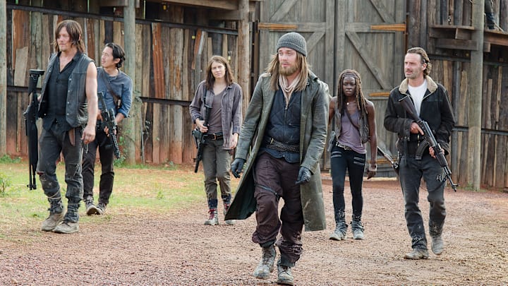 Steven Yeun as Glenn Rhee, Danai Gurira as Michonne, Michael Cudlitz as Abraham, Andrew Lincoln as Rick Grimes, Lauren Cohan as Maggie Greene, Norman Reedus as Daryl Dixon, and Tom Payne as Jesus - The Walking Dead _ Season 6, Episode 11 - Photo Credit: Gene Page/AMC