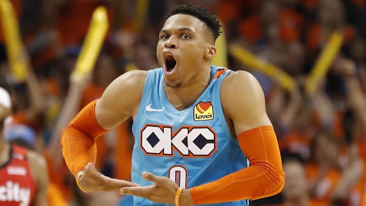 Apr 19, 2019; Oklahoma City, OK, USA; Oklahoma City Thunder guard Russell Westbrook (0) reacts after scoring against the Portland Trail Blazers during the second half in game three of the first round of the 2019 NBA Playoffs at Chesapeake Energy Arena. Mandatory Credit: Alonzo Adams-Imagn Images