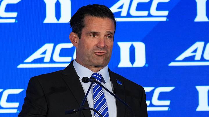 Jul 17, 2026; Charlotte, NC, USA; Duke head coach Manny Diaz talks with the media during interviews at Hilton Charlotte Uptown. Mandatory Credit: Jim Dedmon-Imagn Images
