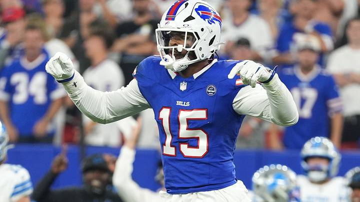 Buffalo Bills linebacker Greg Rousseau reacts during the first half against the Detroit Lions at New Highmark Stadium. Buffalo Bills linebacker Greg Rousseau reacts during the first half against the Detroit Lions at New Highmark Stadium.