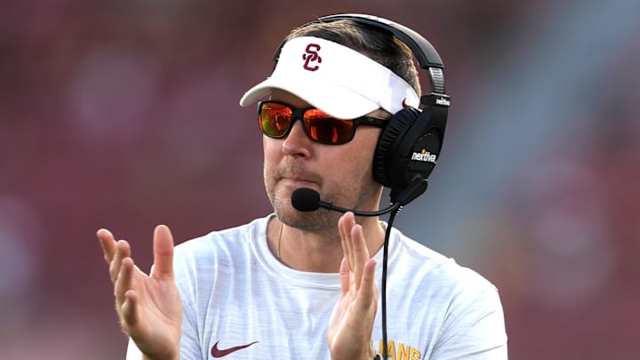 Sep 3, 2022; Los Angeles, California, USA; Southern California Trojans head coach Lincoln Riley reacts in the second half against the Rice Owls at United Airlines Field at Los Angeles Memorial Coliseum. Mandatory Credit: Kirby Lee-Imagn Images