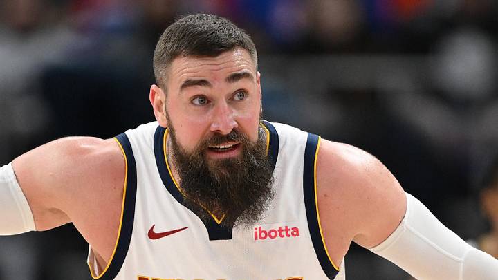Feb 3, 2026; Detroit, Michigan, USA;  Denver Nuggets center Jonas Valanciunas (17) directs his teammates on defense against the Detroit Pistons in the third quarter at Little Caesars Arena. Mandatory Credit: Lon Horwedel-Imagn Images