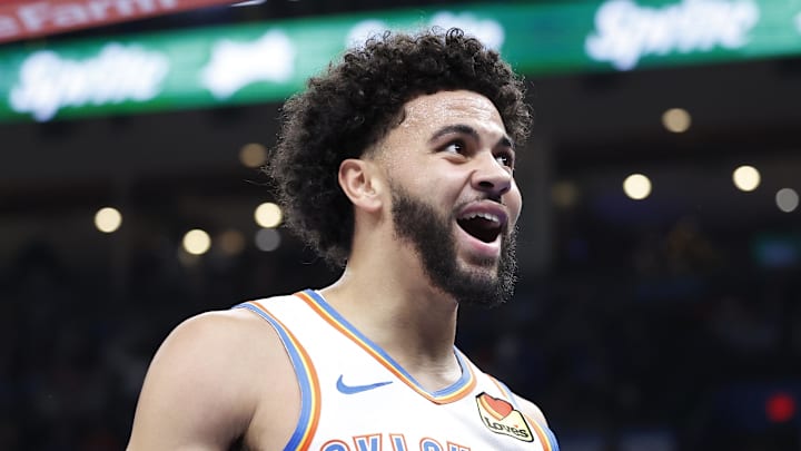 Oklahoma City Thunder guard Ajay Mitchell (25) reacts after a play against the San Antonio Spurs during the second quarter at Paycom Center on October 30, 2024.