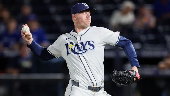 Sep 17, 2025; Tampa, Florida, USA; Tampa Bay Rays pitcher Pete Fairbanks (29) throws a pitch against the Toronto Blue Jays in the ninth inning at George M. Steinbrenner Field. 