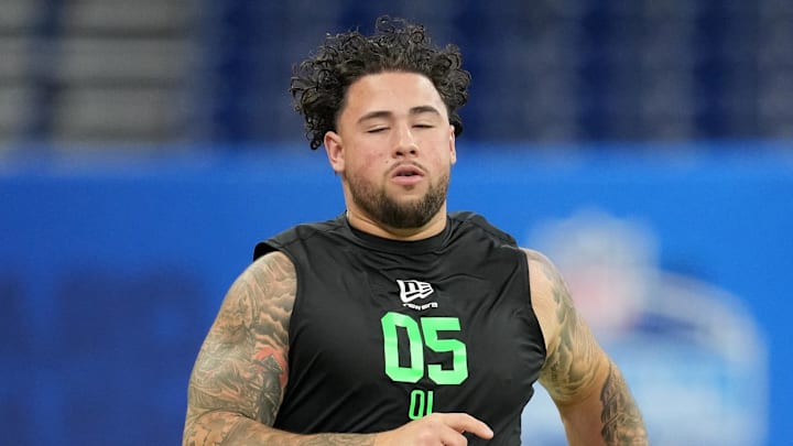 Mar 1, 2026; Indianapolis, IN, USA; Texas A&M offensive lineman Chase Bisontis (OL05) during the NFL Scouting Combine at Lucas Oil Stadium. 