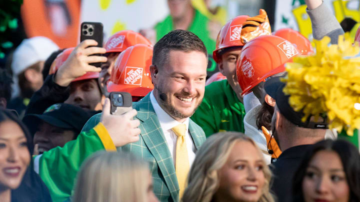 Oregon head coach Dan Lanning makes his entry during ESPN’s “College GameDay” Saturday, Oct. 12, 2024 on the campus of the University of Oregon in Eugene, Ore. Oregon head coach Dan Lanning makes his entry during ESPN’s “College GameDay” Saturday, Oct. 12, 2024 on the campus of the University of Oregon in Eugene, Ore.