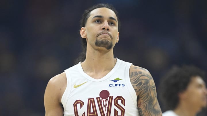 Apr 13, 2025; Cleveland, Ohio, USA; Cleveland Cavaliers forward Jaylon Tyson (24) stands on the court in the first quarter against the Indiana Pacers at Rocket Arena. Mandatory Credit: David Richard-Imagn Images