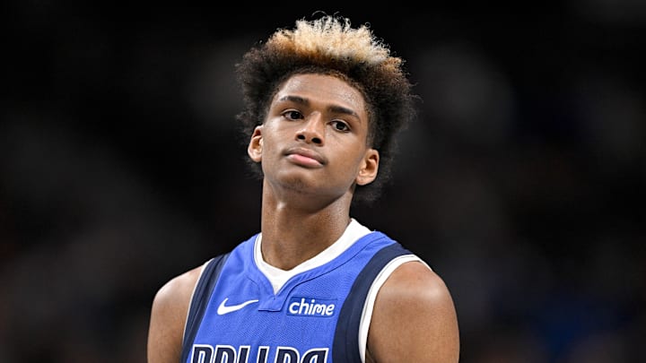 Dallas Mavericks guard AJ Johnson (8) looks on during the second half against the Sacramento Kings at the American Airlines Center on February 26, 2026. Dallas Mavericks guard AJ Johnson (8) looks on during the second half against the Sacramento Kings at the American Airlines Center on February 26, 2026.