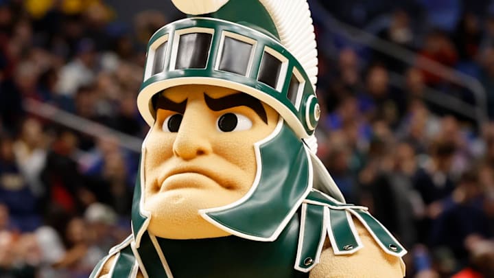 Michigan State mascot "Sparty" looks on during a game against Louisville during the second round of the NCAA Tournament at the KeyBank Center on Saturday, March 21, 2026. Michigan State mascot "Sparty" looks on during a game against Louisville during the second round of the NCAA Tournament at the KeyBank Center on Saturday, March 21, 2026.