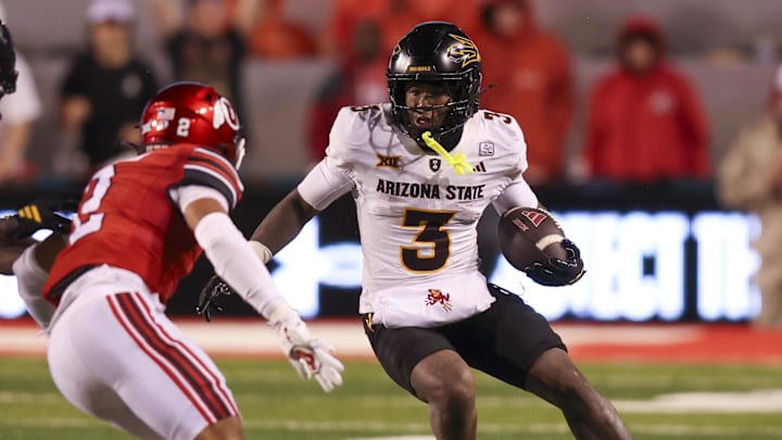 Oct 11, 2025; Salt Lake City, Utah, USA; Arizona State Sun Devils running back Raleek Brown (3) runs the ball against Utah Utes cornerback Smith Snowden (2) during the third quarter at Rice-Eccles Stadium. Mandatory Credit: Rob Gray-Imagn Images Oct 11, 2025; Salt Lake City, Utah, USA; Arizona State Sun Devils running back Raleek Brown (3) runs the ball against Utah Utes cornerback Smith Snowden (2) during the third quarter at Rice-Eccles Stadium. Mandatory Credit: Rob Gray-Imagn Images
