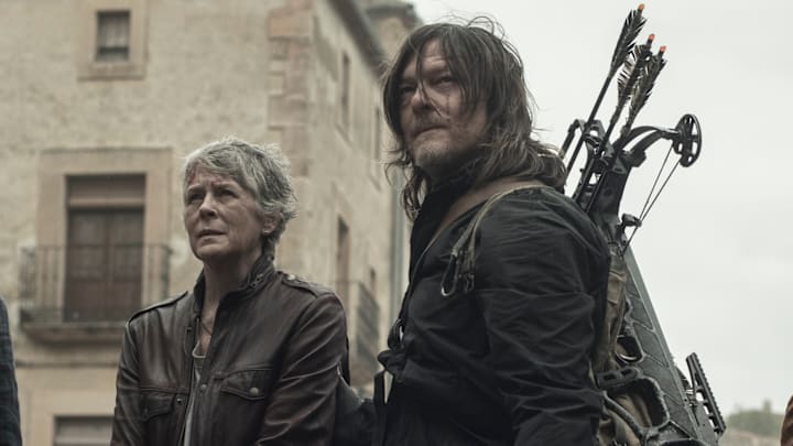 Candela Saitta as Justina, Melissa McBride as Carol Peletier, Norman Reedus as Daryl Dixon, Hugo Arbués as Roberto - The Walking Dead: Daryl Dixon Season 3