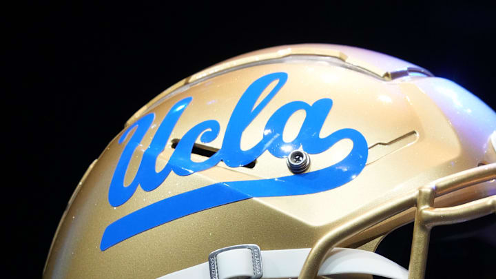 Jul 29, 2022; Los Angeles, CA, USA; A detailed view of UCLA Bruins helmet during Pac-12 Media Day at Novo Theater. Mandatory Credit: Kirby Lee-Imagn Images