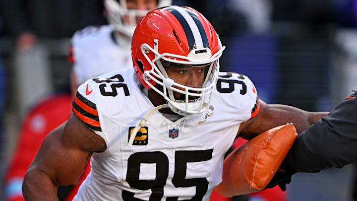 Jan 4, 2025; Baltimore, Maryland, USA; Cleveland Browns defensive end Myles Garrett (95) warms up before the game against Baltimore Ravens at M&T Bank Stadium. Mandatory Credit: Tommy Gilligan-Imagn Images
