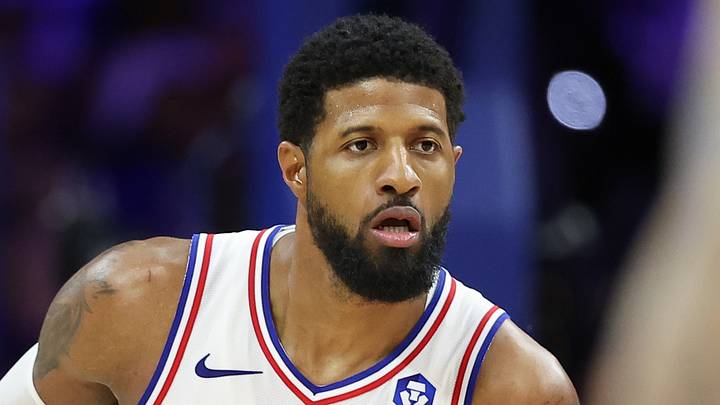 May 8, 2026; Philadelphia, Pennsylvania, USA; Philadelphia 76ers forward Paul George (8) controls the ball against the New York Knicks during the fourth quarter of game three of the second round of the 2026 NBA Playoffs at Xfinity Mobile Arena. Mandatory Credit: Bill Streicher-Imagn Images