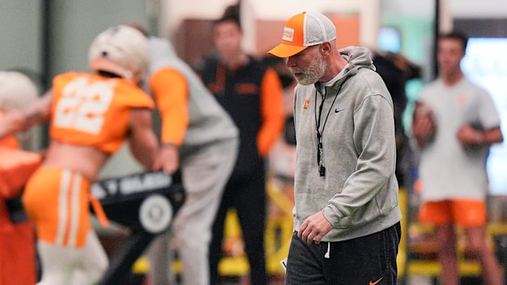 Tennessee defensive coordinator Jim Knowles during the Vols' first spring football practice in Knoxville on March 16, 2026.