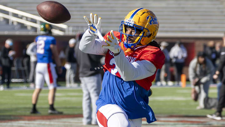 National Team linebacker Kyle Louis of Pittsburgh practices during National Senior Bowl practice.