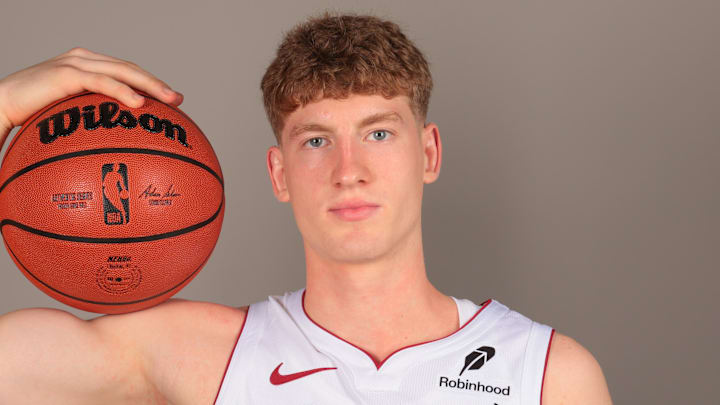 Sep 29, 2025; Miami, FL, USA; Miami Heat guard Kasparas Jakucionis (25) poses for a photo during media day at Kaseya Center. Mandatory Credit: Sam Navarro-Imagn Images