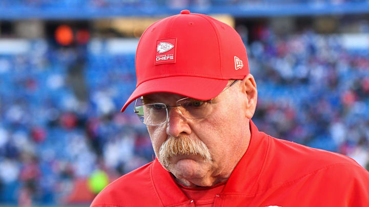 Nov 2, 2025; Orchard Park, New York, USA; Kansas City Chiefs head coach Andy Reid walks the sideline before the game against the Buffalo Bills at Highmark Stadium. Mandatory Credit: Mark Konezny-Imagn Images