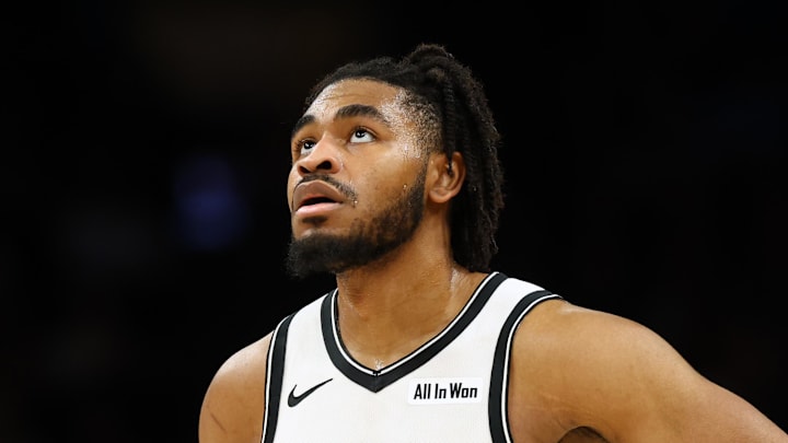Jan 27, 2026; Phoenix, Arizona, USA; Brooklyn Nets guard Cam Thomas (24) against the Phoenix Suns at Mortgage Matchup Center. Mandatory Credit: Mark J. Rebilas-Imagn Images