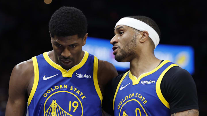 Mar 7, 2026; Oklahoma City, Oklahoma, USA; Golden State Warriors guard Nate Williams (19) and guard Gary Payton II (0) talk as walk down the court during a time out against the Oklahoma City Thunder during the second half at Paycom Center. Mandatory Credit: Alonzo Adams-Imagn Images
