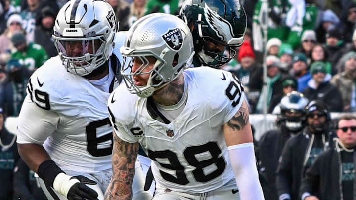 Dec 14, 2025; Philadelphia, Pennsylvania, USA; Las Vegas Raiders defensive end Maxx Crosby (98) celebrates his sacks of Philadelphia Eagles quarterback Jalen Hurts (1) during the second quarter at Lincoln Financial Field. Mandatory Credit: Eric Hartline-Imagn Images