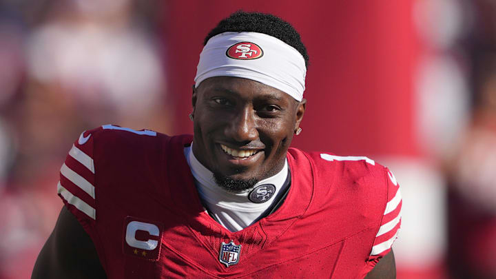 San Francisco 49ers wide receiver Deebo Samuel Sr. (1) is introduced before the game against the New York Jets at Levi's Stadium. Mandatory Credit: Darren Yamashita-Imagn Images
