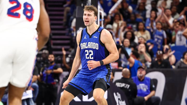 Orlando Magic forward Franz Wagner (22) reacts after a basket against the Philadelphia 76ers in the fourth quarter at Kia Center.