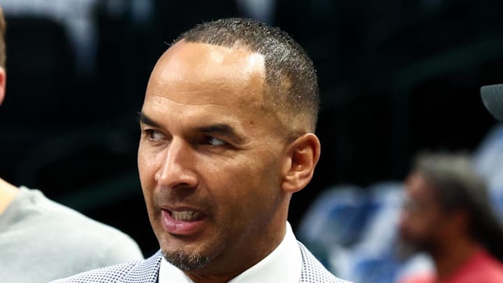 Dallas Mavericks general manager Nico Harrison and Dallas Mavericks forward Cooper Flagg.