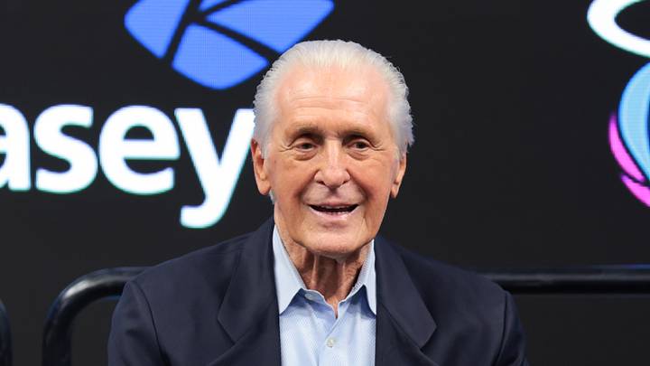 Jul 16, 2026; Miami, FL, USA; Miami Heat president Pat Riley speaks to reporters during an introductory press conference for Miami Heat forward Bobby Portis  (not pictured) at Kaseya Center. Mandatory Credit: Sam Navarro-Imagn Images