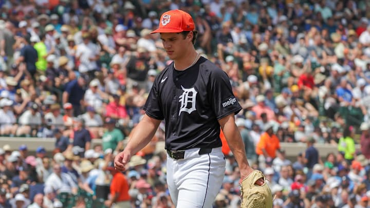 Mar 13, 2025; Lakeland, Florida, USA; Detroit Tigers pitcher Jackson Jobe (21) is relieved during the fourth inning against the New York Yankees at Publix Field at Joker Marchant Stadium. Mar 13, 2025; Lakeland, Florida, USA; Detroit Tigers pitcher Jackson Jobe (21) is relieved during the fourth inning against the New York Yankees at Publix Field at Joker Marchant Stadium.