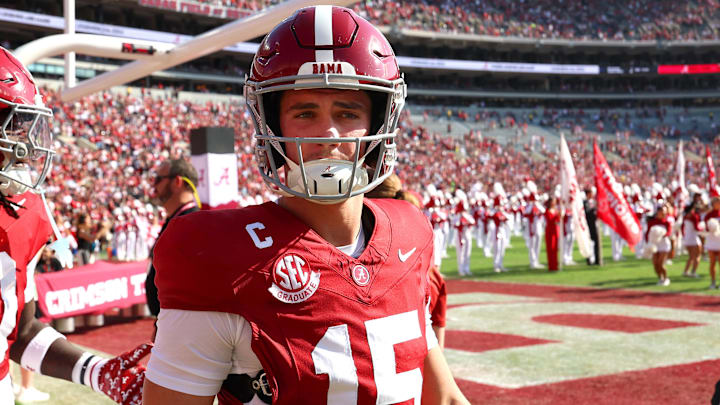 Nov 22, 2025; Tuscaloosa, Alabama, USA; Alabama Crimson Tide quarterback Ty Simpson (15) takes the field before a game against the Eastern Illinois Panthers at Saban Field at Bryant-Denny Stadium. Mandatory Credit: David Leong-Imagn Images