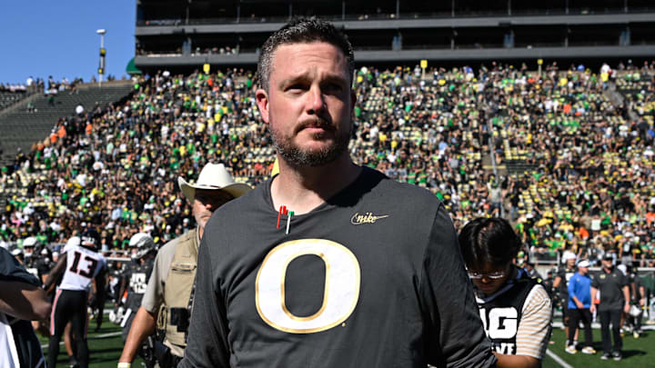 Sep 20, 2025; Eugene, Oregon, USA; Oregon Ducks head coach Dan Lanning walks on the field after the game against the Oregon State Beavers at Autzen Stadium. Mandatory Credit: Troy Wayrynen-Imagn Images