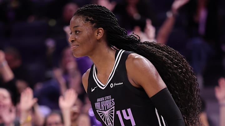 Sep 2, 2025; San Francisco, California, USA; Golden State Valkyries center Temi Fagbenle (14) reacts after scoring a three. Point basket against the New York Liberty during the fourth quarter at Chase Center. Mandatory Credit: Kelley L Cox-Imagn Images