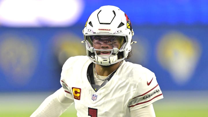 Dec 28, 2024; Inglewood, California, USA;  Arizona Cardinals quarterback Kyler Murray (1) scrambles for a first down in the second half against the Los Angeles Rams at SoFi Stadium. Mandatory Credit: Jayne Kamin-Oncea-Imagn Images
