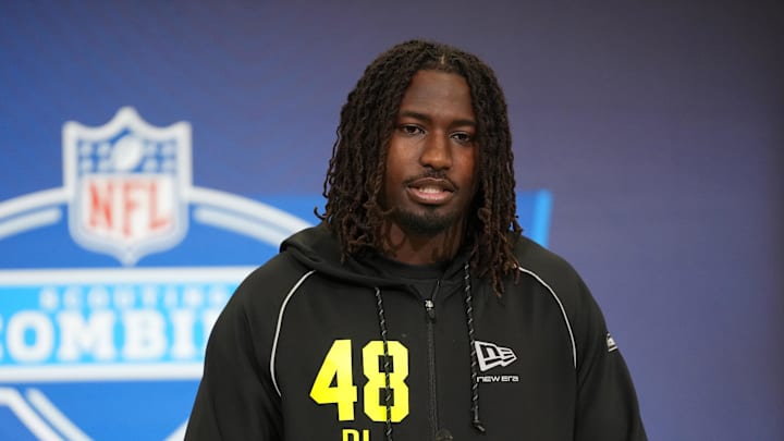 Feb 25, 2026; Indianapolis, IN, USA; UCF defensive lineman Malachi Lawrence (DL48) speaks during the NFL Scouting Combine at the Indiana Convention Center. Mandatory Credit: Kirby Lee-Imagn Images
