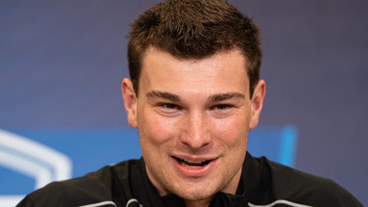 Indiana quarterback Fernando Mendoza (QB11) speaks to members of the media during the NFL Combine at the Indiana Convention Center.