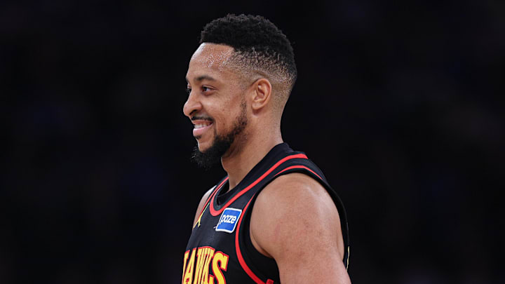 Atlanta Hawks guard CJ McCollum (3) reacts during the first half of the 2026 NBA Playoffs against the New York Knicks at Madison Square Garden on April 18, 2026.