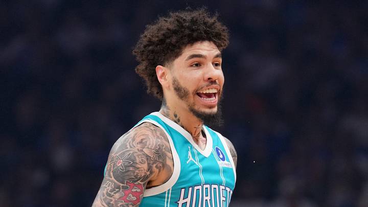 Mar 8, 2026; Phoenix, Arizona, USA; Charlotte Hornets guard LaMelo Ball (1) reacts after making a basket against the Phoenix Suns during the first half at Mortgage Matchup Center. Mandatory Credit: Joe Camporeale-Imagn Images
