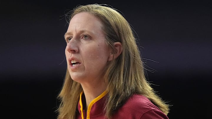 Dec 10, 2024; Los Angeles, California, USA; Southern California Trojans head coach Lindsay Gottlieb reacts in the first half against the Fresno State Bulldogs at Galen Center. USC defeated Fresno State 89-40. Mandatory Credit: Kirby Lee-Imagn Images