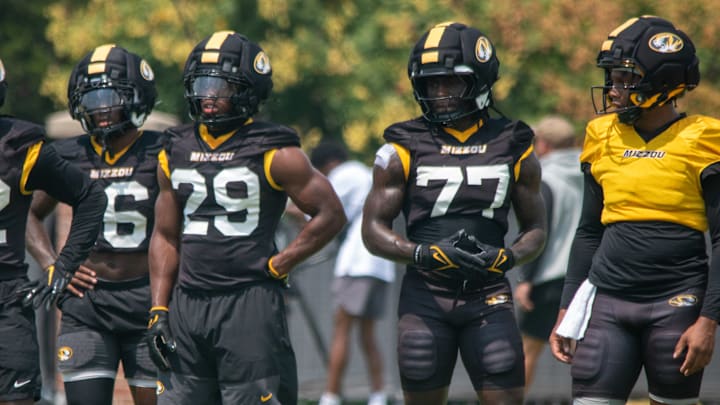 Aug 6, 2025; Columbia, MO, USA; Missouri Tigers running backs Tavorus Jones (22), Brendon Haygood (16), Ahmad Hardy (29) and Marquise Davis (77) prepare for drill during fall camp at Mizzou Athletic Training Complex. Aug 6, 2025; Columbia, MO, USA; Missouri Tigers running backs Tavorus Jones (22), Brendon Haygood (16), Ahmad Hardy (29) and Marquise Davis (77) prepare for drill during fall camp at Mizzou Athletic Training Complex.
