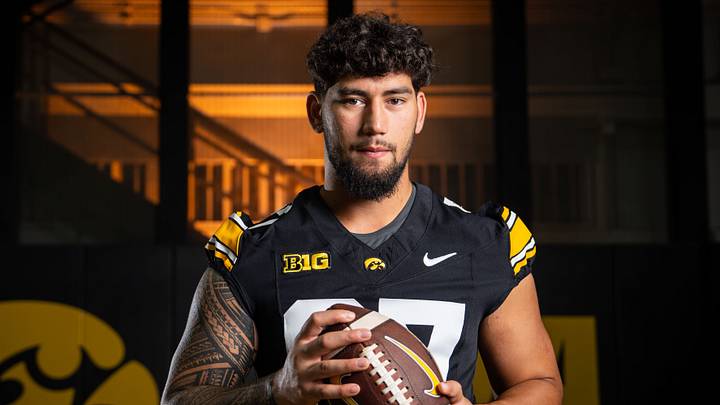 Iowa defensive lineman Iose Epenesa (97) stands for a portrait during Hawkeye football media day, Friday, Aug. 14, 2026, in Iowa City. Iowa defensive lineman Iose Epenesa (97) stands for a portrait during Hawkeye football media day, Friday, Aug. 14, 2026, in Iowa City.