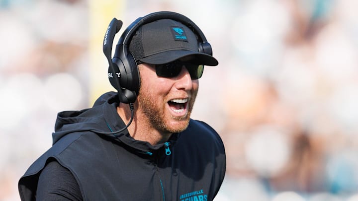 Nov 16, 2025; Jacksonville, Florida, USA; Jacksonville Jaguars head coach Liam Coen reacts to a touchdown against the Los Angeles Chargers during the third quarter at EverBank Stadium. Mandatory Credit: Morgan Tencza-Imagn Images