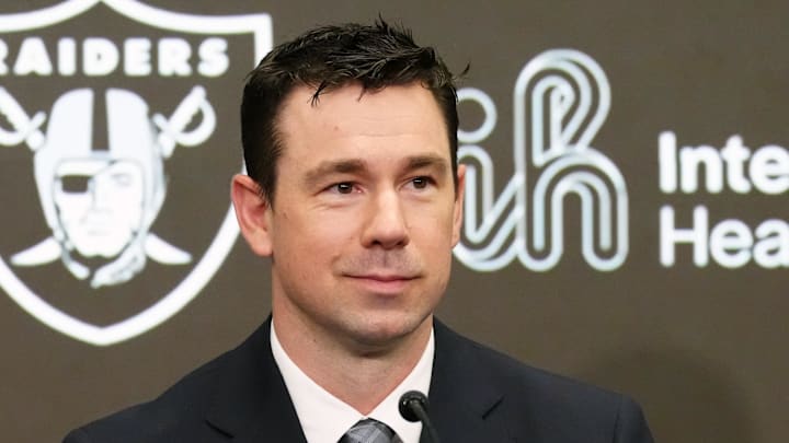 Feb 10, 2026; Henderson, NV, USA; Las Vegas Raiders coach Klint Kubiak speaks at introductory press conference at Intermountain Health Performance Center. Mandatory Credit: Kirby Lee-Imagn Images Feb 10, 2026; Henderson, NV, USA; Las Vegas Raiders coach Klint Kubiak speaks at introductory press conference at Intermountain Health Performance Center. Mandatory Credit: Kirby Lee-Imagn Images