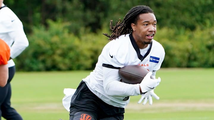 Cincinnati Bengals halfback Kendall Milton (36) runs drills during practice, Tuesday, May 6, 2025, at the Kettering Health Practice Field in Downtown Cincinnati.