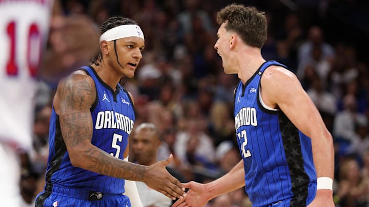 Feb 27, 2025; Orlando, Florida, USA; Orlando Magic forward Paolo Banchero (5) and forward Franz Wagner (22) celebrate at Kia Center. Mandatory Credit: Nathan Ray Seebeck-Imagn Images Feb 27, 2025; Orlando, Florida, USA; Orlando Magic forward Paolo Banchero (5) and forward Franz Wagner (22) celebrate at Kia Center. Mandatory Credit: Nathan Ray Seebeck-Imagn Images