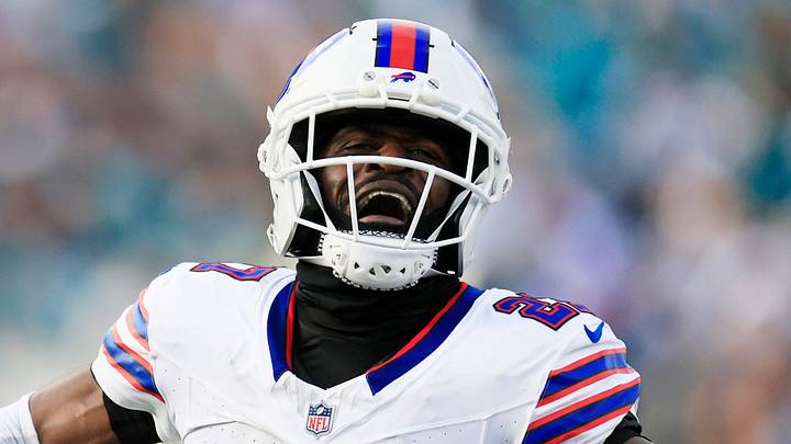 Buffalo Bills cornerback Tre'davious White (27) celebrates the game-deciding interception during the fourth quarter of an NFL football AFC Wild Card playoff matchup, Sunday, Jan. 11, 2026, in Jacksonville, Fla. The Bills defeated the Jaguars 27-24. [Corey Perrine/Florida Times-Union]