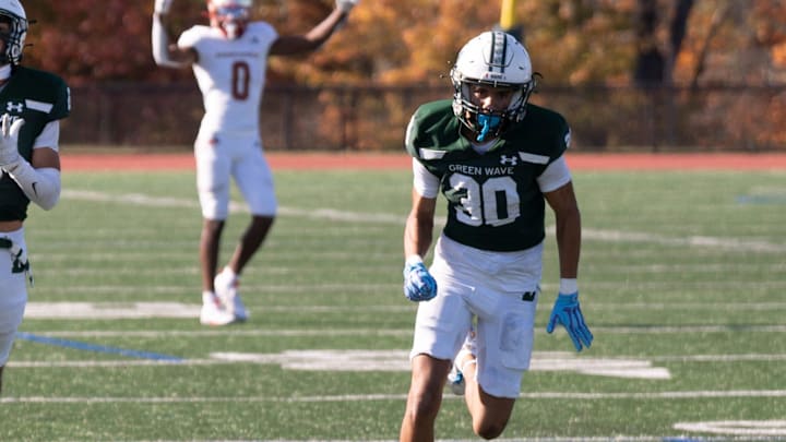 Oct 19, 2024; Morristown, NJ, USA; Bergen Catholic football at Delbarton. BC #5 Naiim Parrish on his way to running for a touchdown in the fourth quarter.