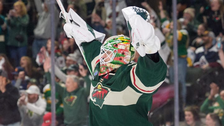 May 9, 2026; Saint Paul, Minnesota, USA; Minnesota Wild goaltender Jesper Wallstedt (30) celebrates after defenseman Quinn Hughes (43) (not pictured) scores against the Colorado Avalanche in the first period of game three of the second round of the 2026 Stanley Cup Playoffs at Grand Casino Arena. (Mandatory Credit: Matt Blewett-Imagn Images) May 9, 2026; Saint Paul, Minnesota, USA; Minnesota Wild goaltender Jesper Wallstedt (30) celebrates after defenseman Quinn Hughes (43) (not pictured) scores against the Colorado Avalanche in the first period of game three of the second round of the 2026 Stanley Cup Playoffs at Grand Casino Arena. (Mandatory Credit: Matt Blewett-Imagn Images)