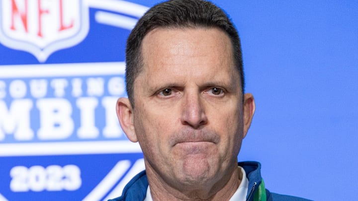 Feb 28, 2023; Indianapolis, IN, USA; Denver Broncos general manager George Paton speaks to the press at the NFL Combine at Lucas Oil Stadium. Mandatory Credit: Trevor Ruszkowski-Imagn Images